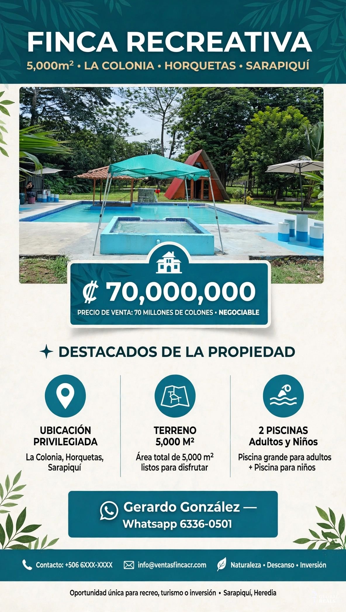 SE VENDE FINCA RECREATIVA 5,000m² La Colonia, Horquetas de Sarapiquí  Piscina grande con bar acuático + Jacuzzi Cabaña A-Frame + 2 Ranchos para eventos + Barra 8 mesas con sillas + mesas honguito + parrilleros Zona verde, quebrada, agua y luz Plano H-1341950-2009 | Folio 4-212053-002 | 5,000m²  PRECIO: ₡85,000,000 NEGOCIABLE  Gerardo González 6336-0501